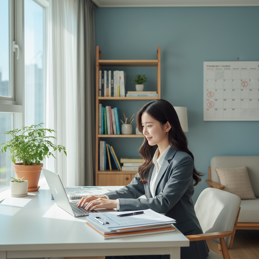 Photorealistic, high-quality image for a Korean education blog. Scene: personal statement university. Style: professional, bright, modern. No text overlays. Landscape orientation, 16:9 ratio.