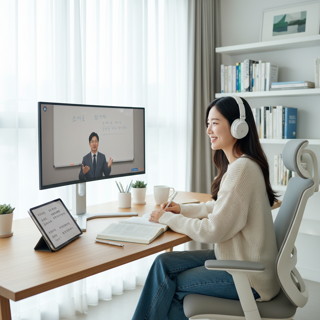 Photorealistic, high-quality image for a Korean education blog. Scene: online university student studying. Style: professional, bright, modern. No text overlays. Landscape orientation, 16:9 ratio.