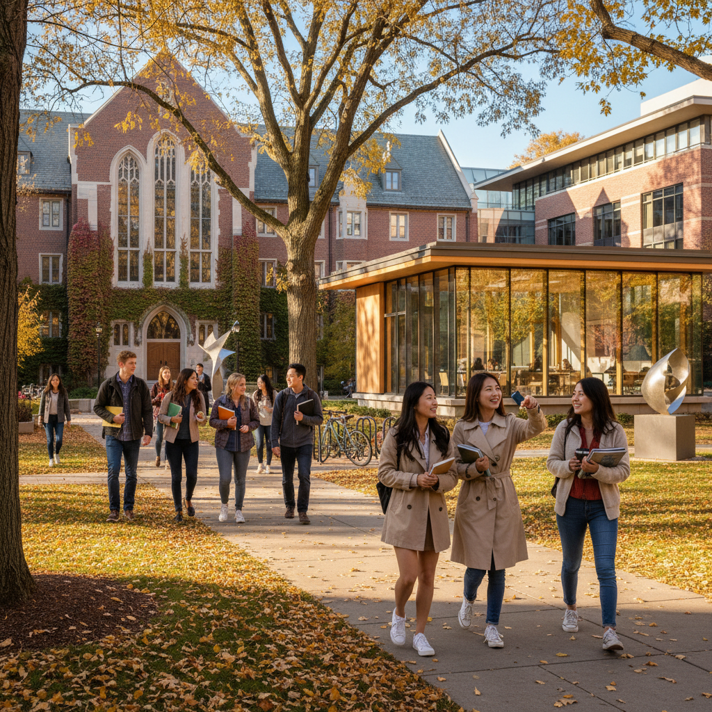 Photorealistic, high-quality image for a Korean education blog. Scene: american college campus semester. Style: professional, bright, modern. No text overlays. Landscape orientation, 16:9 ratio.