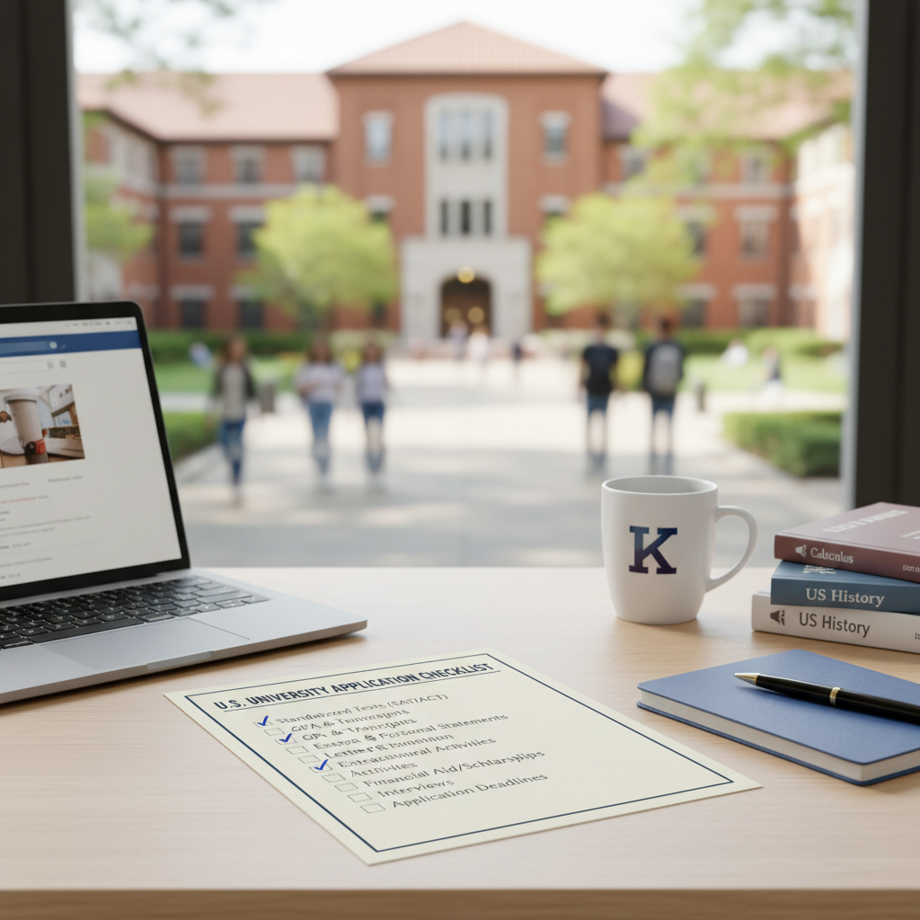 Photorealistic, high-quality image for a Korean education blog. Scene: american university application checklist. Style: professional, bright, modern. No text overlays. Landscape orientation, 16:9 ratio.