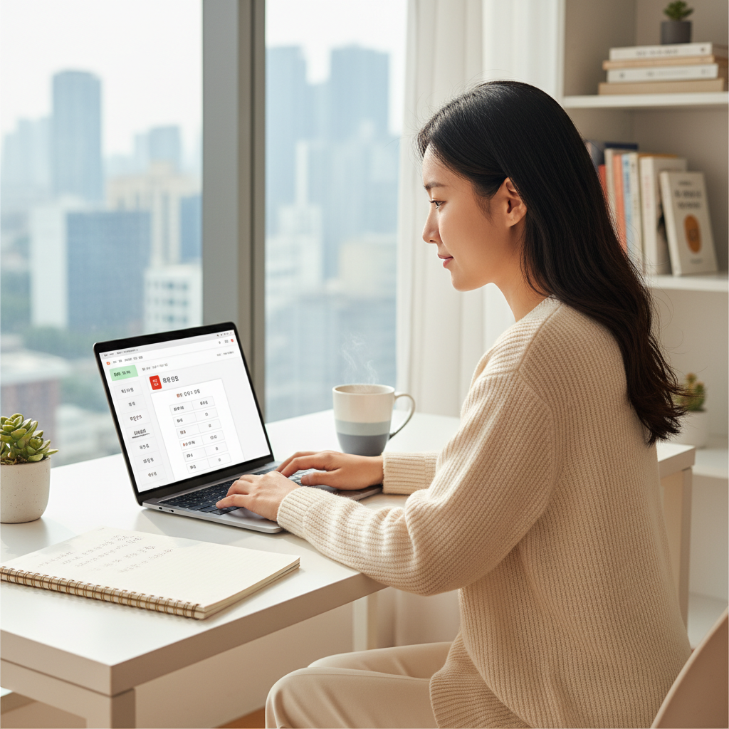 Photorealistic, high-quality image for a Korean education blog. Scene: adult learner laptop studying. Style: professional, bright, modern. No text overlays. Landscape orientation, 16:9 ratio.