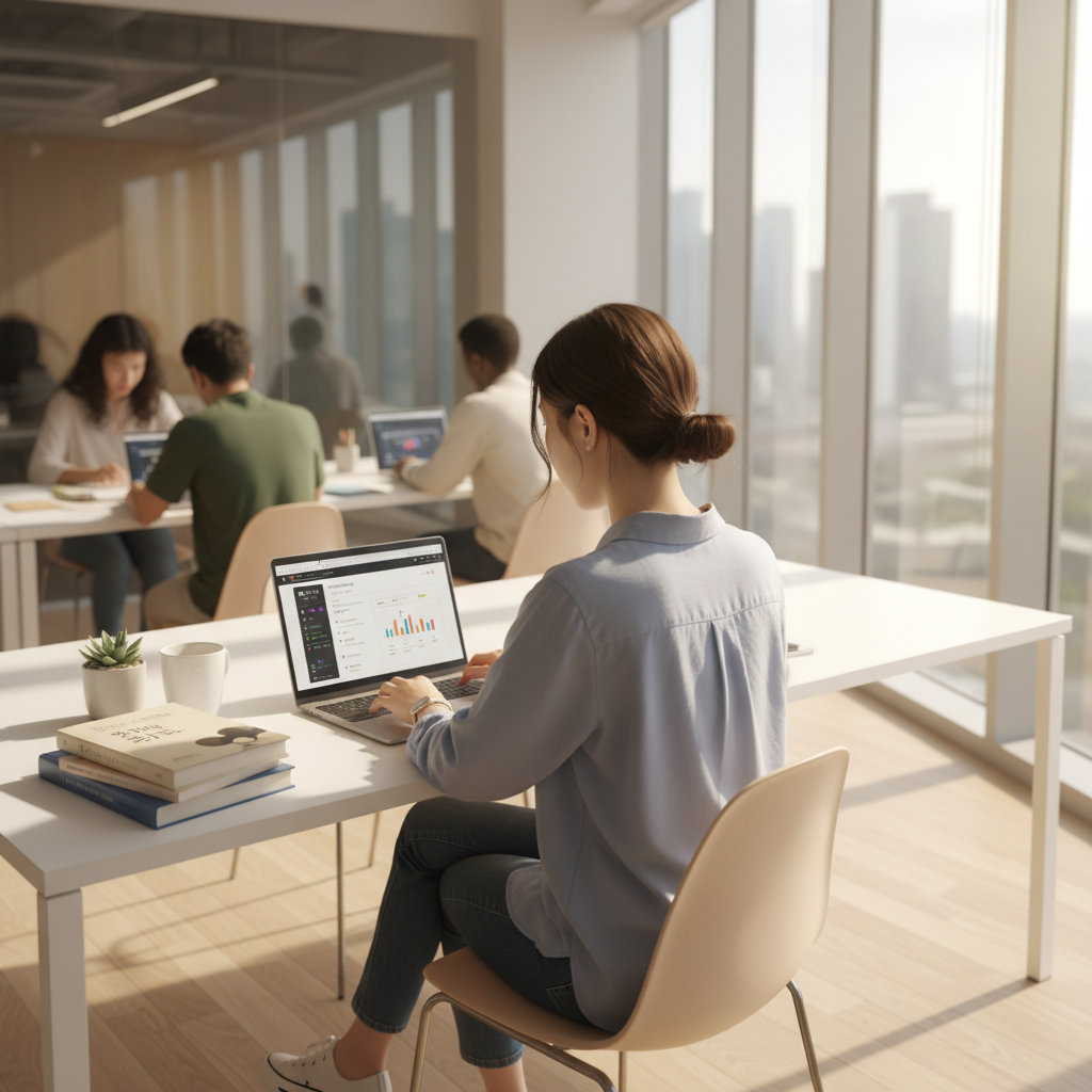 Photorealistic, high-quality image for a Korean education blog. Scene: adult student studying laptop. Style: professional, bright, modern. No text overlays. Landscape orientation, 16:9 ratio.