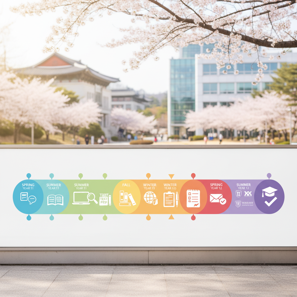 Photorealistic, high-quality image for a Korean education blog. Scene: college application timeline. Style: professional, bright, modern. No text overlays. Landscape orientation, 16:9 ratio.