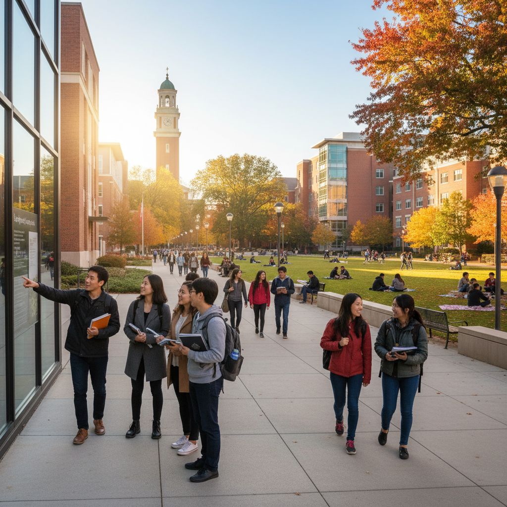 Photorealistic, high-quality image for a Korean education blog. Scene: american university campus. Style: professional, bright, modern. No text overlays. Landscape orientation, 16:9 ratio.