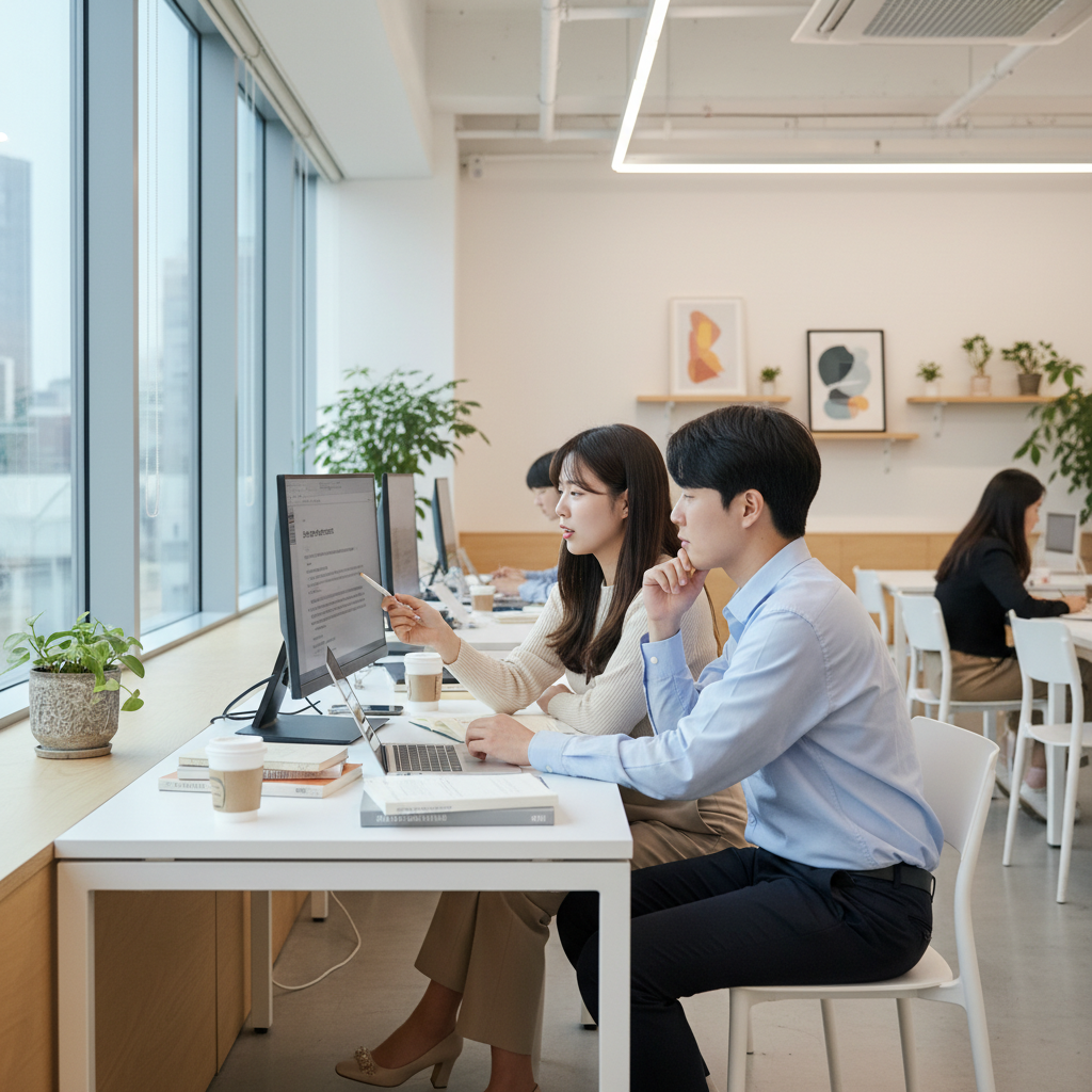 Photorealistic, high-quality image for a Korean education blog. Scene: statement of purpose writing. Style: professional, bright, modern. No text overlays. Landscape orientation, 16:9 ratio.