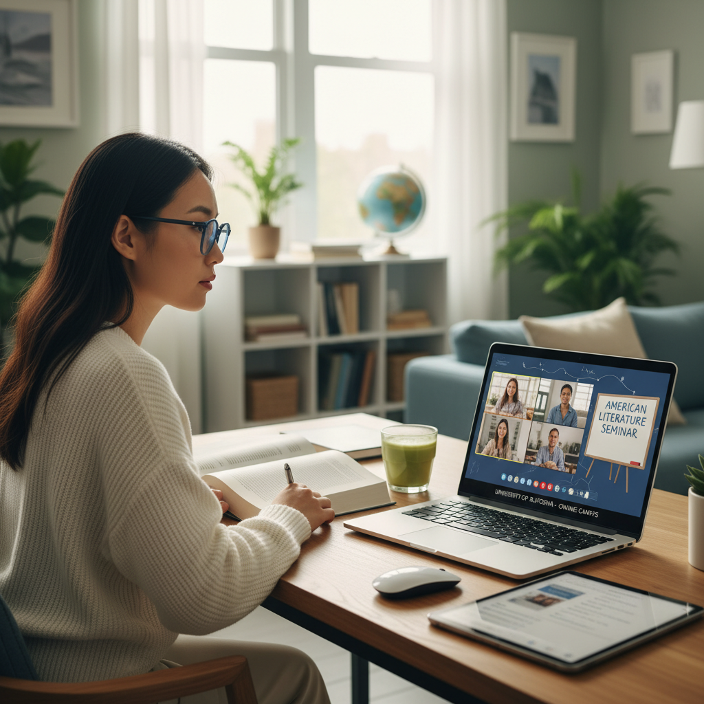 Photorealistic, high-quality image for a Korean education blog. Scene: american college online learning. Style: professional, bright, modern. No text overlays. Landscape orientation, 16:9 ratio.