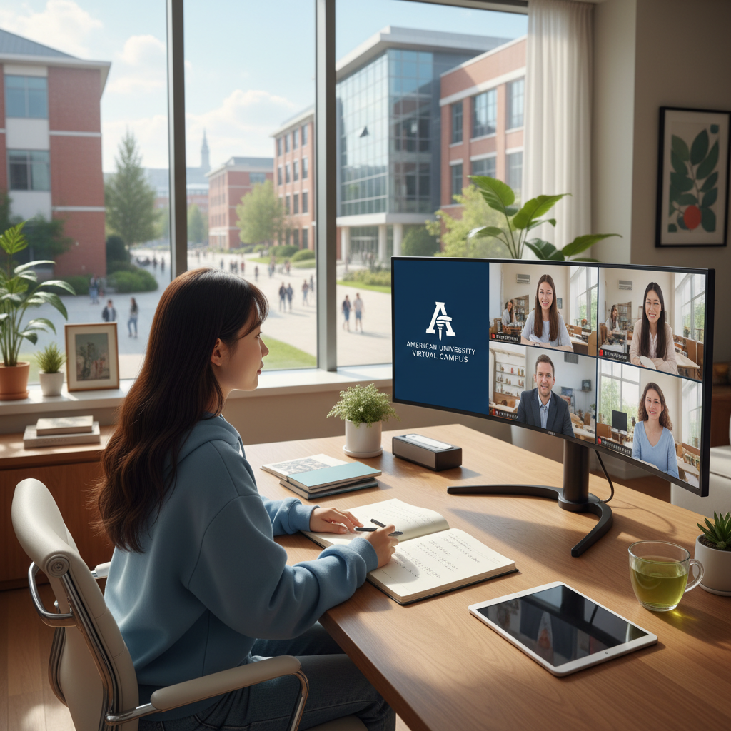 Photorealistic, high-quality image for a Korean education blog. Scene: american university online learning. Style: professional, bright, modern. No text overlays. Landscape orientation, 16:9 ratio.