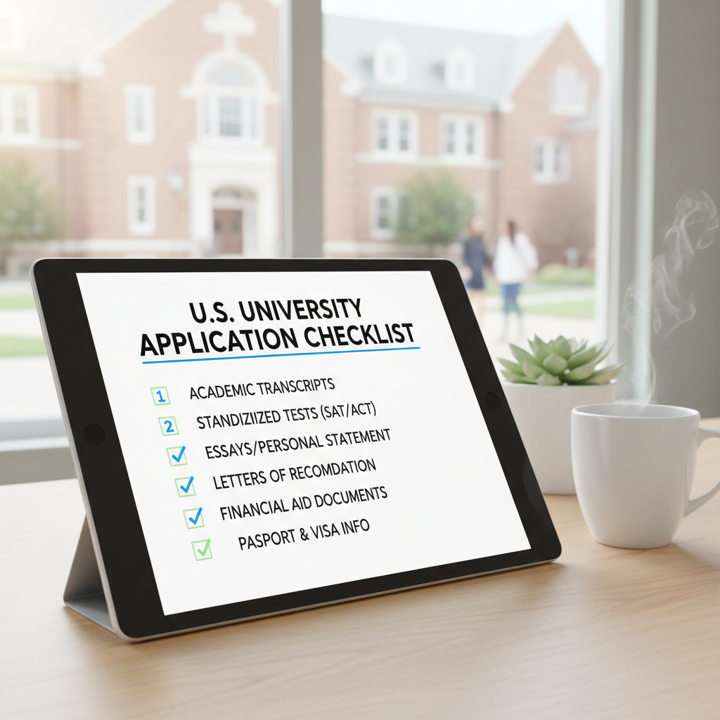 Photorealistic, high-quality image for a Korean education blog. Scene: american university application checklist. Style: professional, bright, modern. No text overlays. Landscape orientation, 16:9 ratio.