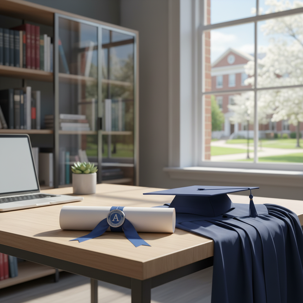 Photorealistic, high-quality image for a Korean education blog. Scene: american university diploma. Style: professional, bright, modern. No text overlays. Landscape orientation, 16:9 ratio.