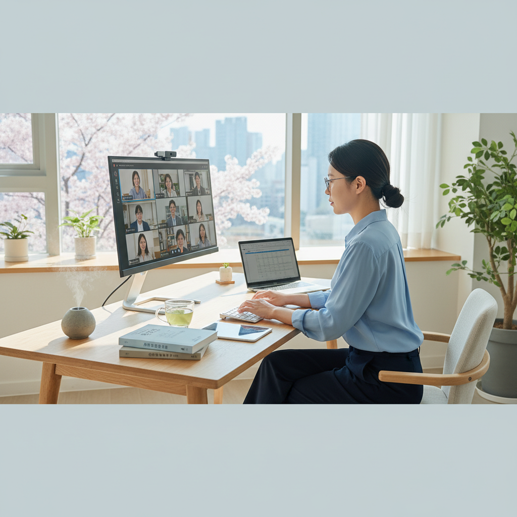 Photorealistic, high-quality image for a Korean education blog. Scene: working professional online degree. Style: professional, bright, modern. No text overlays. Landscape orientation, 16:9 ratio.