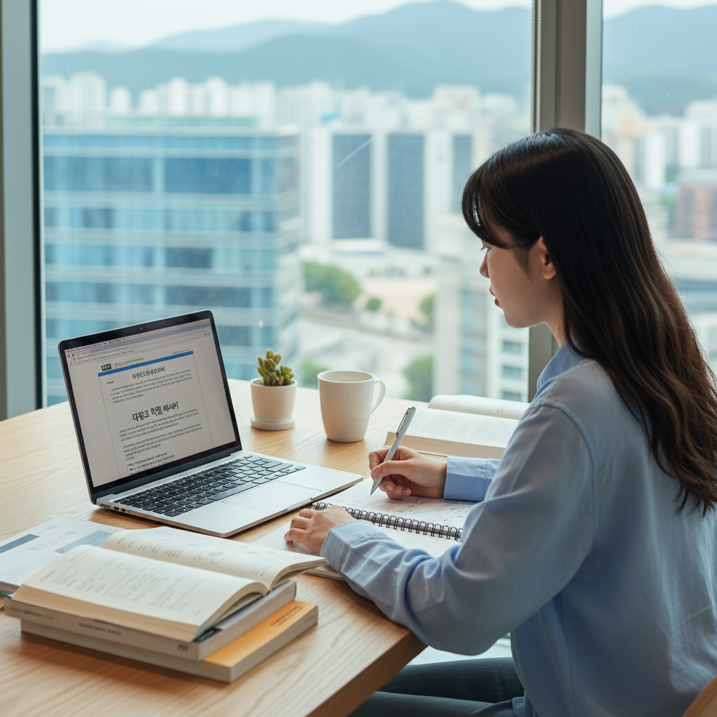 Photorealistic, high-quality image for a Korean education blog. Scene: university application essay. Style: professional, bright, modern. No text overlays. Landscape orientation, 16:9 ratio.