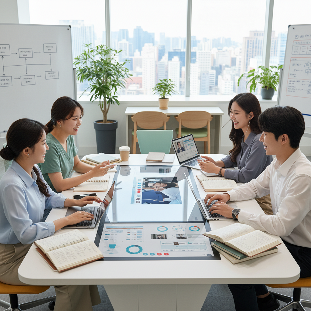 Photorealistic, high-quality image for a Korean education blog. Scene: nursing online degree program. Style: professional, bright, modern. No text overlays. Landscape orientation, 16:9 ratio.