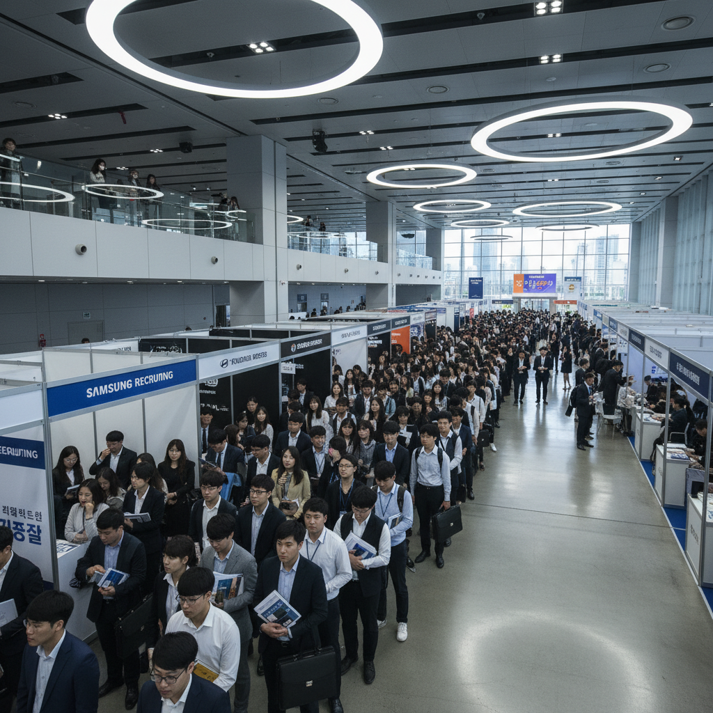 Photorealistic, high-quality image for a Korean education blog. Scene: korean job market competitive. Style: professional, bright, modern. No text overlays. Landscape orientation, 16:9 ratio.