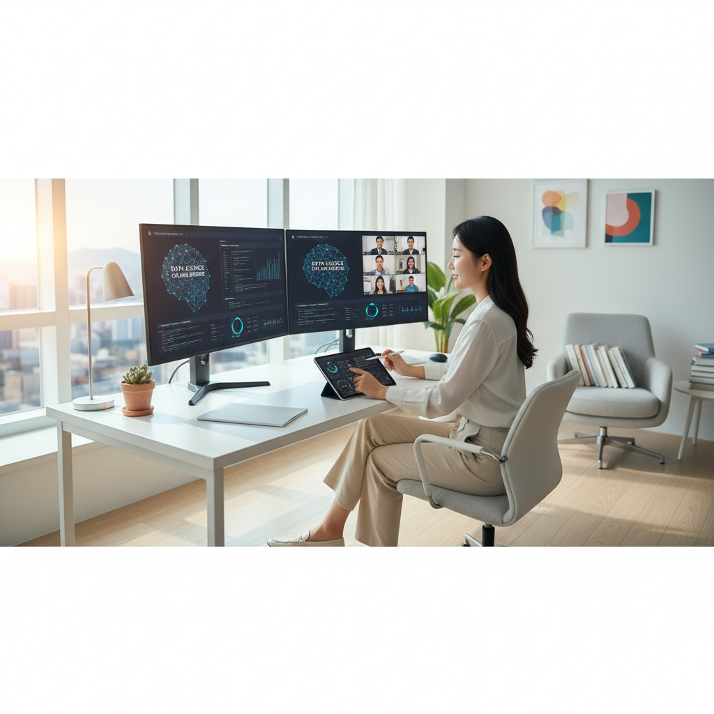 Photorealistic, high-quality image for a Korean education blog. Scene: data science online degree. Style: professional, bright, modern. No text overlays. Landscape orientation, 16:9 ratio.