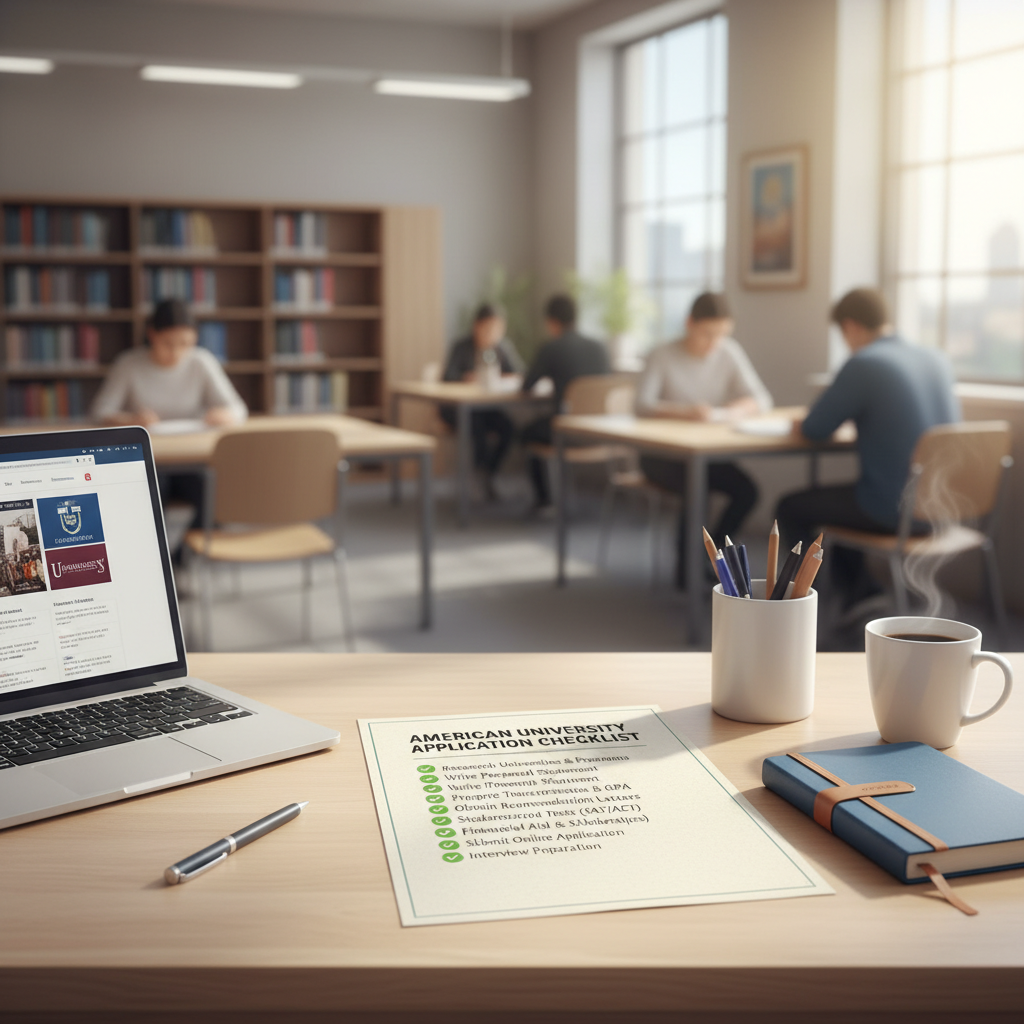 Photorealistic, high-quality image for a Korean education blog. Scene: american university application checklist. Style: professional, bright, modern. No text overlays. Landscape orientation, 16:9 ratio.