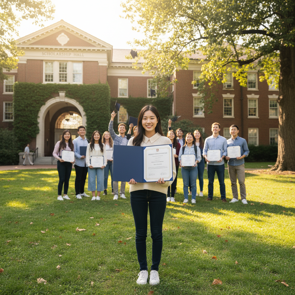 Photorealistic, high-quality image for a Korean education blog. Scene: american university scholarship. Style: professional, bright, modern. No text overlays. Landscape orientation, 16:9 ratio.