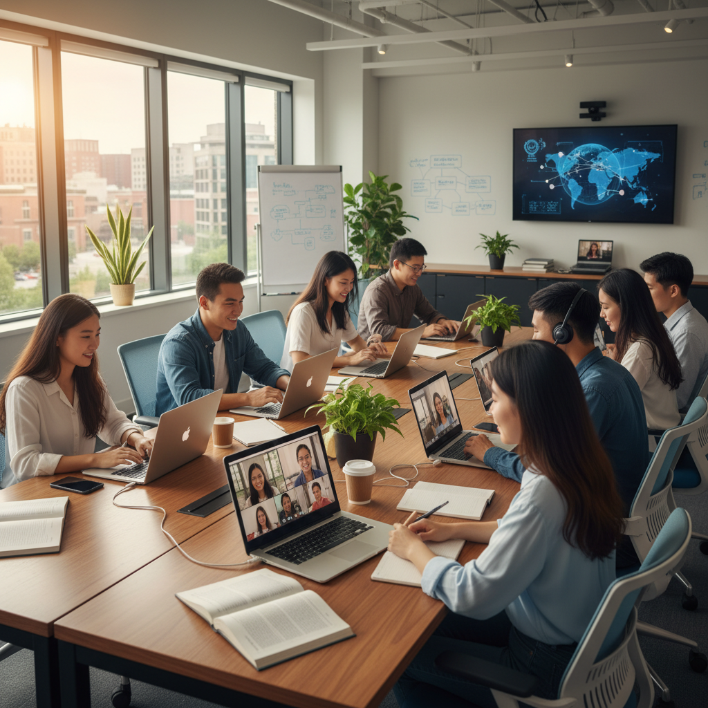 Photorealistic, high-quality image for a Korean education blog. Scene: american university online program. Style: professional, bright, modern. No text overlays. Landscape orientation, 16:9 ratio.