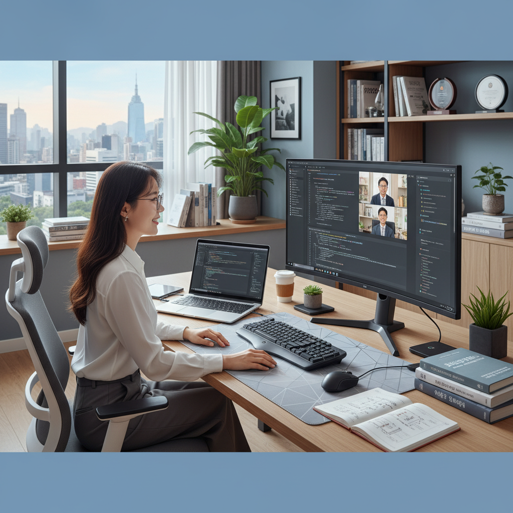 Photorealistic, high-quality image for a Korean education blog. Scene: computer science online master degree. Style: professional, bright, modern. No text overlays. Landscape orientation, 16:9 ratio.