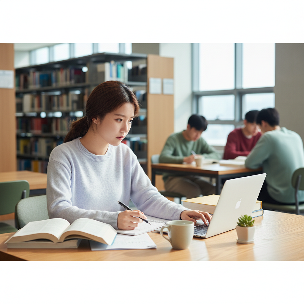 Photorealistic, high-quality image for a Korean education blog. Scene: college application essay writing. Style: professional, bright, modern. No text overlays. Landscape orientation, 16:9 ratio.