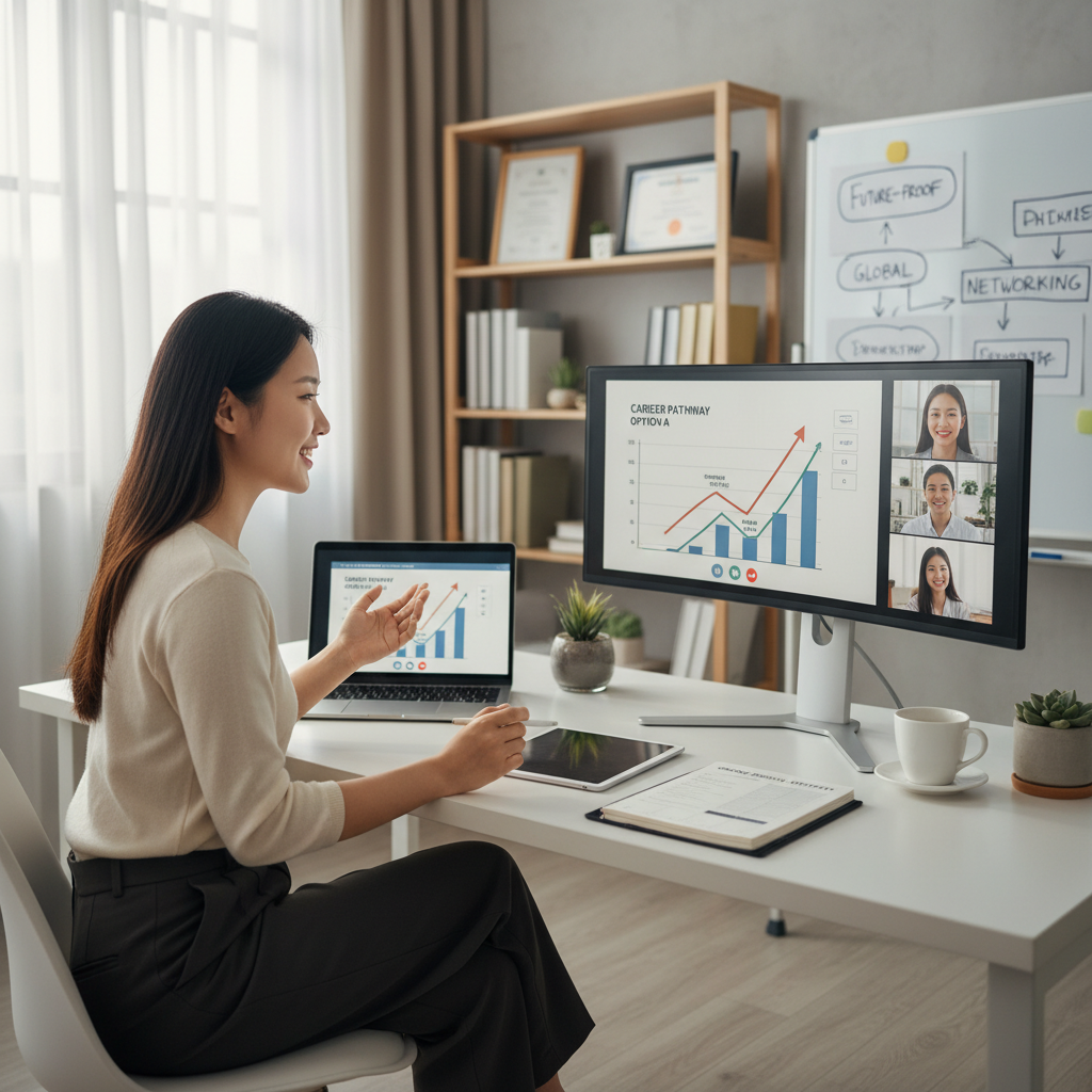 Photorealistic, high-quality image for a Korean education blog. Scene: online degree career strategy. Style: professional, bright, modern. No text overlays. Landscape orientation, 16:9 ratio.