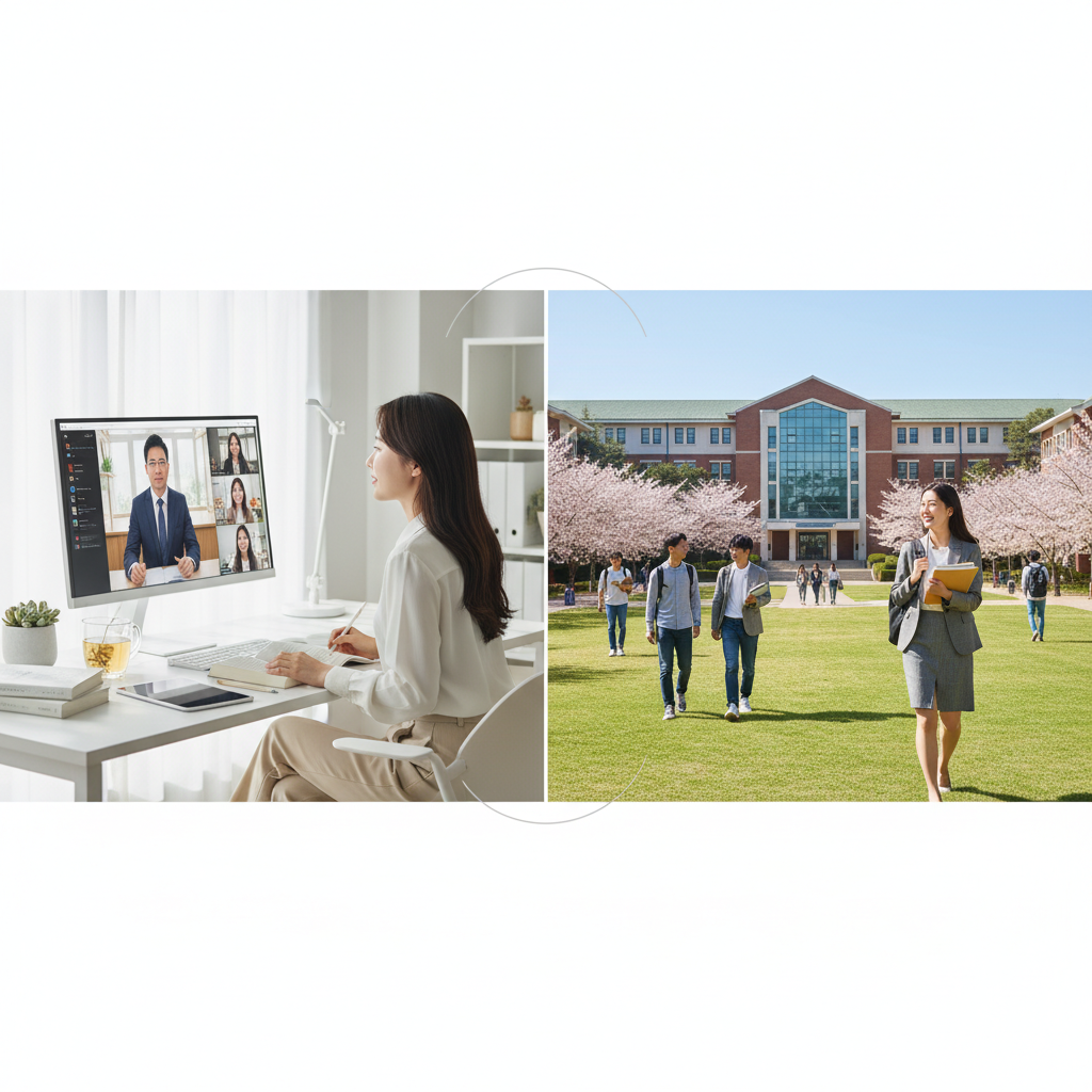 Photorealistic, high-quality image for a Korean education blog. Scene: online degree vs traditional degree. Style: professional, bright, modern. No text overlays. Landscape orientation, 16:9 ratio.