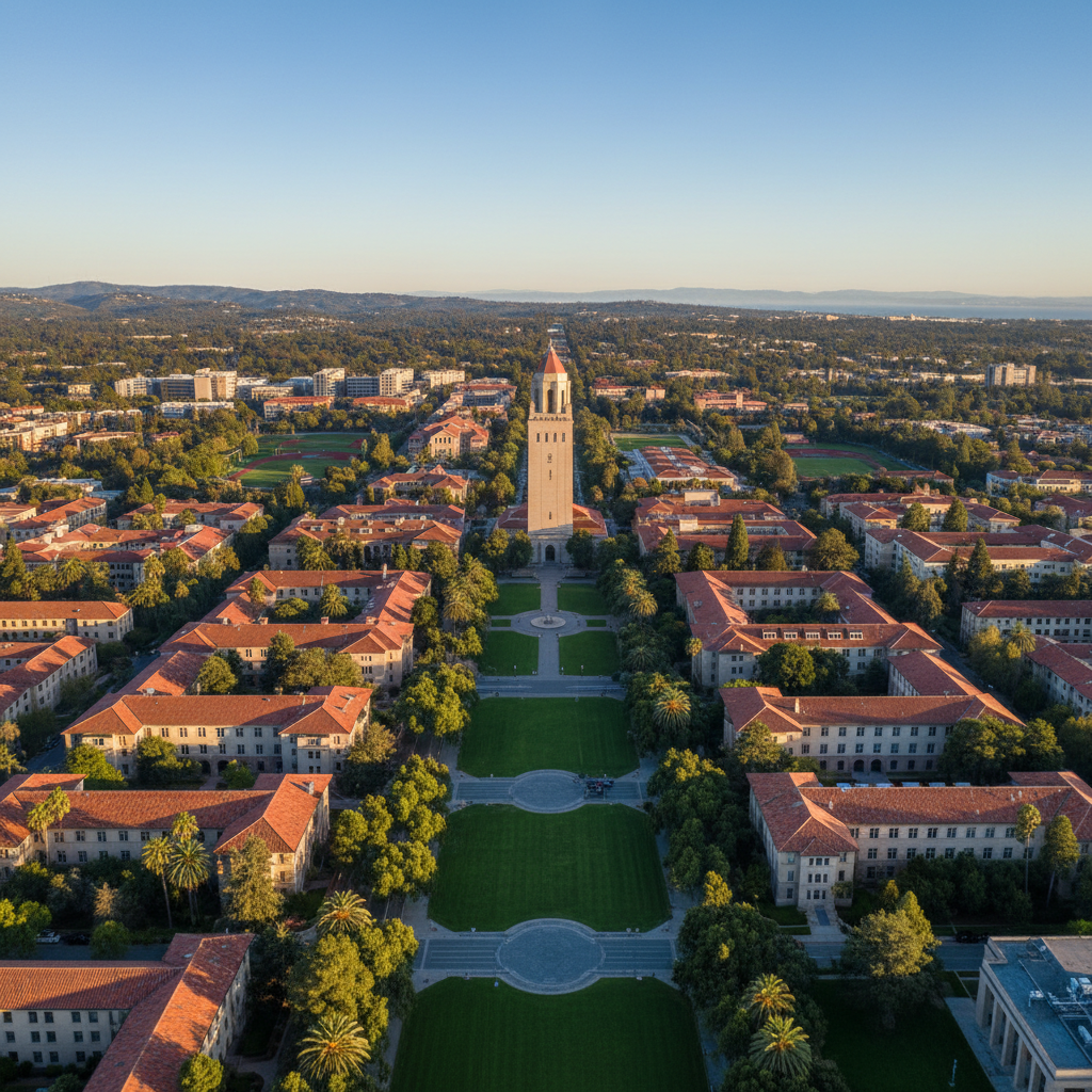 Photorealistic, high-quality image for a Korean education blog. Scene: Stanford University campus aerial view. Style: professional, bright, modern. No text overlays. Landscape orientation, 16:9 ratio.