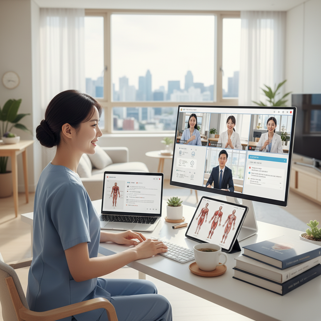 Photorealistic, high-quality image for a Korean education blog. Scene: online nursing degree program. Style: professional, bright, modern. No text overlays. Landscape orientation, 16:9 ratio.