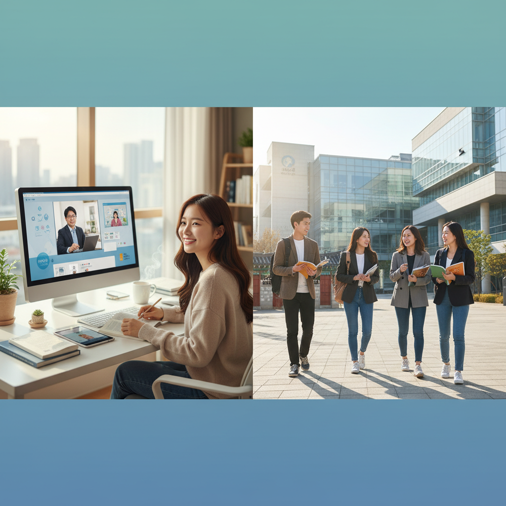 Photorealistic, high-quality image for a Korean education blog. Scene: online learning vs campus study. Style: professional, bright, modern. No text overlays. Landscape orientation, 16:9 ratio.