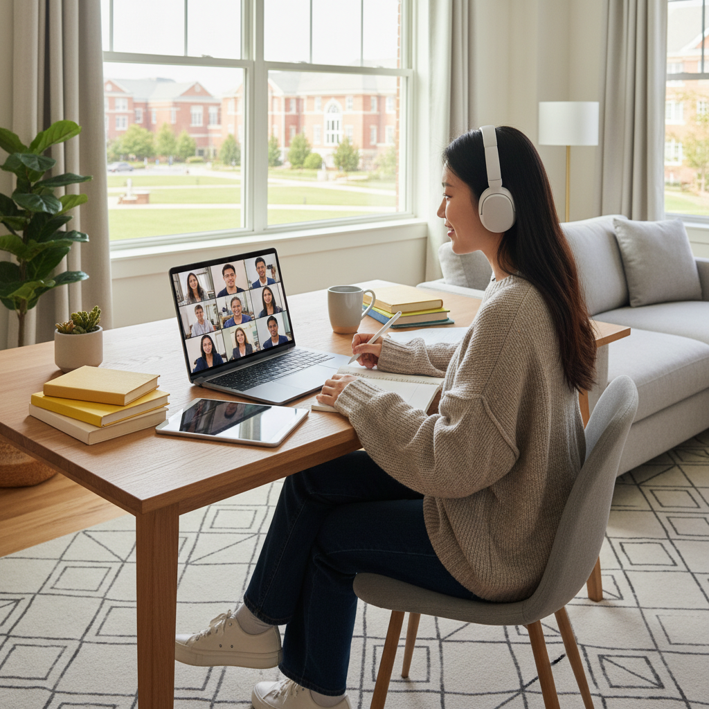 Photorealistic, high-quality image for a Korean education blog. Scene: american university online learning. Style: professional, bright, modern. No text overlays. Landscape orientation, 16:9 ratio.