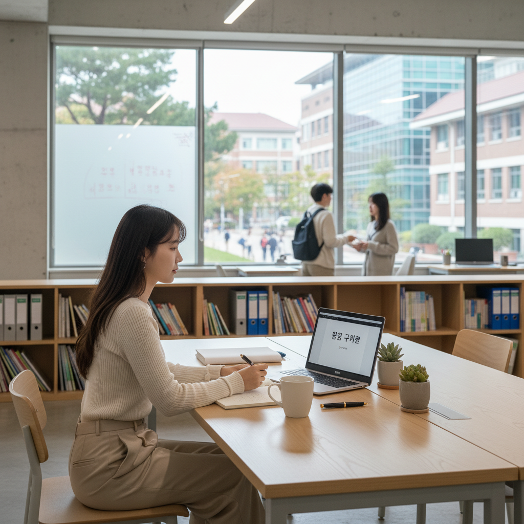Photorealistic, high-quality image for a Korean education blog. Scene: personal statement university. Style: professional, bright, modern. No text overlays. Landscape orientation, 16:9 ratio.