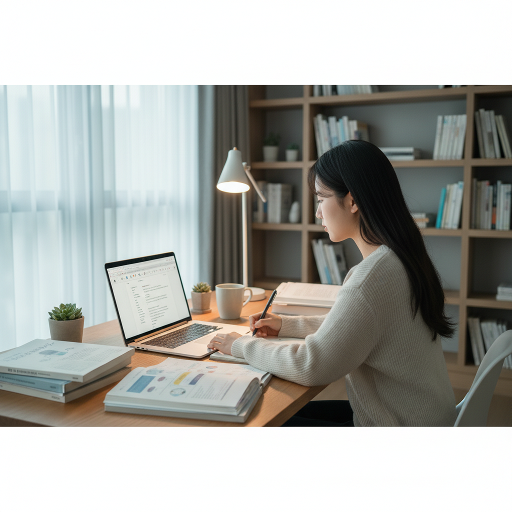 Photorealistic, high-quality image for a Korean education blog. Scene: college application essay writing. Style: professional, bright, modern. No text overlays. Landscape orientation, 16:9 ratio.