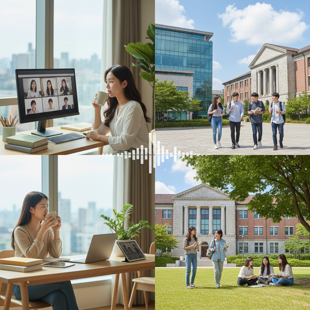 Photorealistic, high-quality image for a Korean education blog. Scene: online degree vs campus degree. Style: professional, bright, modern. No text overlays. Landscape orientation, 16:9 ratio.