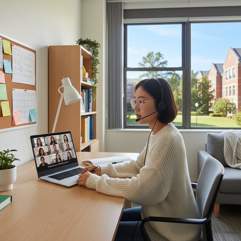 Photorealistic, high-quality image for a Korean education blog. Scene: remote learning college USA. Style: professional, bright, modern. No text overlays. Landscape orientation, 16:9 ratio.