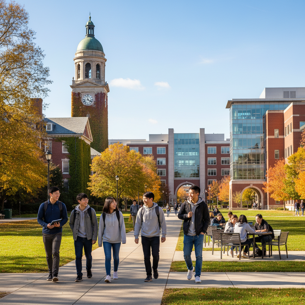 Photorealistic, high-quality image for a Korean education blog. Scene: american university campus. Style: professional, bright, modern. No text overlays. Landscape orientation, 16:9 ratio.