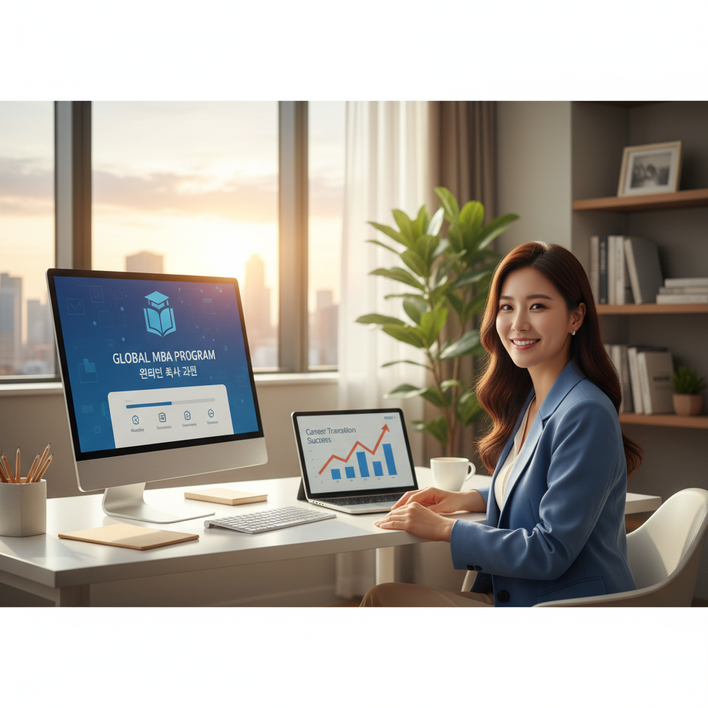 Photorealistic, high-quality image for a Korean education blog. Scene: online master degree career change. Style: professional, bright, modern. No text overlays. Landscape orientation, 16:9 ratio.