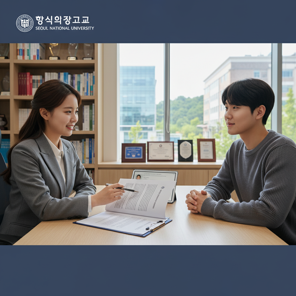 Photorealistic, high-quality image for a Korean education blog. Scene: recommendation letter university. Style: professional, bright, modern. No text overlays. Landscape orientation, 16:9 ratio.