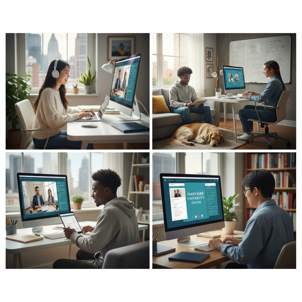 Photorealistic, high-quality image for a Korean education blog. Scene: american university online learning. Style: professional, bright, modern. No text overlays. Landscape orientation, 16:9 ratio.