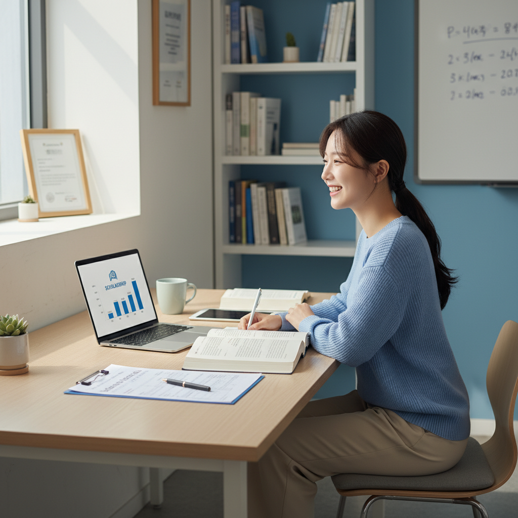 Photorealistic, high-quality image for a Korean education blog. Scene: financial aid student. Style: professional, bright, modern. No text overlays. Landscape orientation, 16:9 ratio.