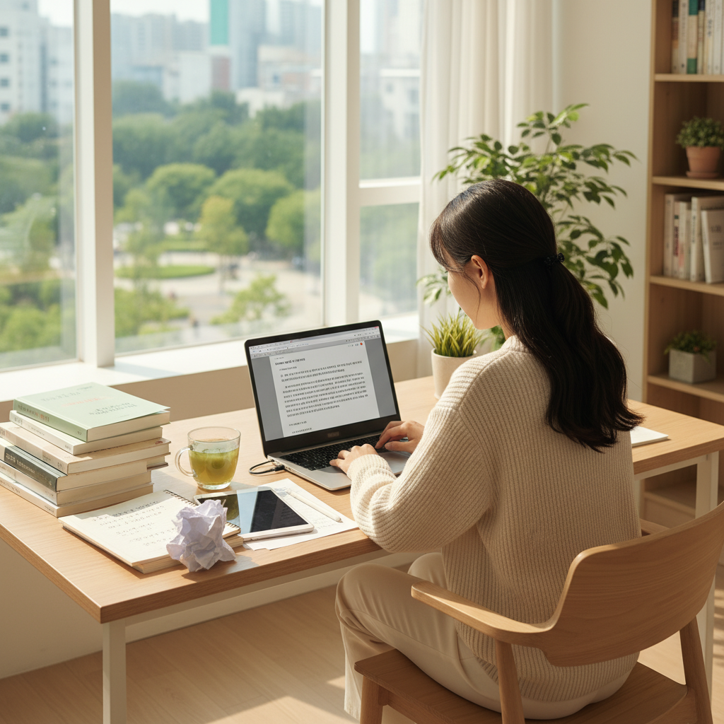 Photorealistic, high-quality image for a Korean education blog. Scene: college application essay writing. Style: professional, bright, modern. No text overlays. Landscape orientation, 16:9 ratio.