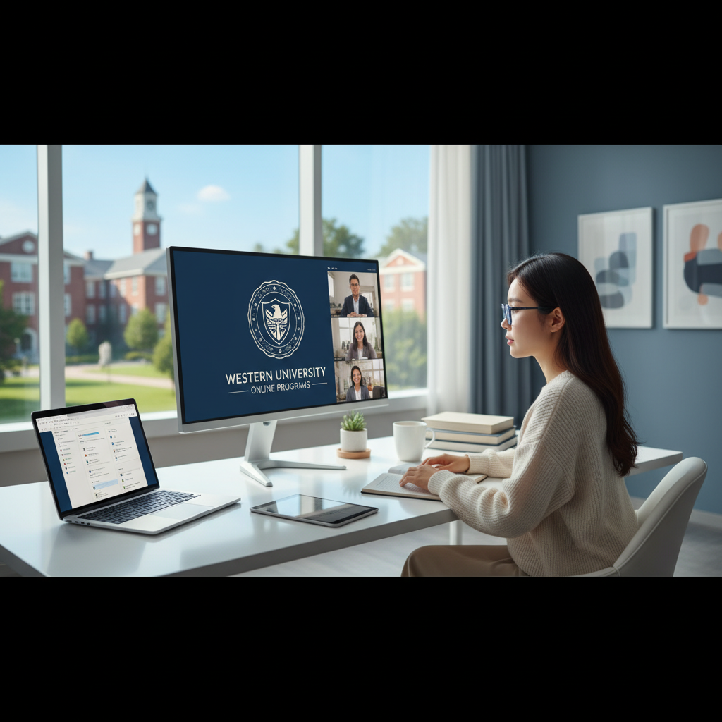 Photorealistic, high-quality image for a Korean education blog. Scene: american university online degree. Style: professional, bright, modern. No text overlays. Landscape orientation, 16:9 ratio.