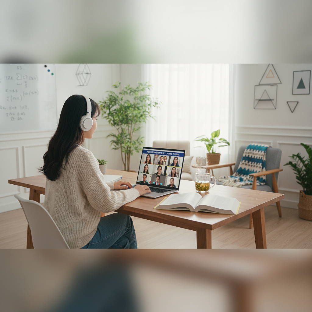 Photorealistic, high-quality image for a Korean education blog. Scene: american university online study. Style: professional, bright, modern. No text overlays. Landscape orientation, 16:9 ratio.