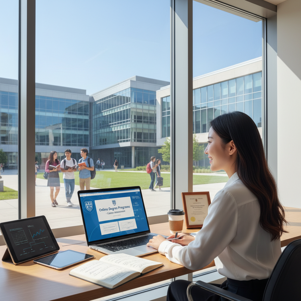 Photorealistic, high-quality image for a Korean education blog. Scene: american university online degree career. Style: professional, bright, modern. No text overlays. Landscape orientation, 16:9 ratio.
