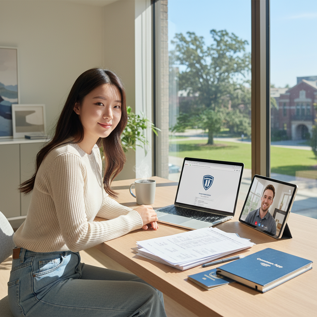 Photorealistic, high-quality image for a Korean education blog. Scene: american university application. Style: professional, bright, modern. No text overlays. Landscape orientation, 16:9 ratio.