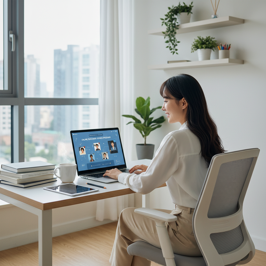 Photorealistic, high-quality image for a Korean education blog. Scene: online bachelor degree. Style: professional, bright, modern. No text overlays. Landscape orientation, 16:9 ratio.