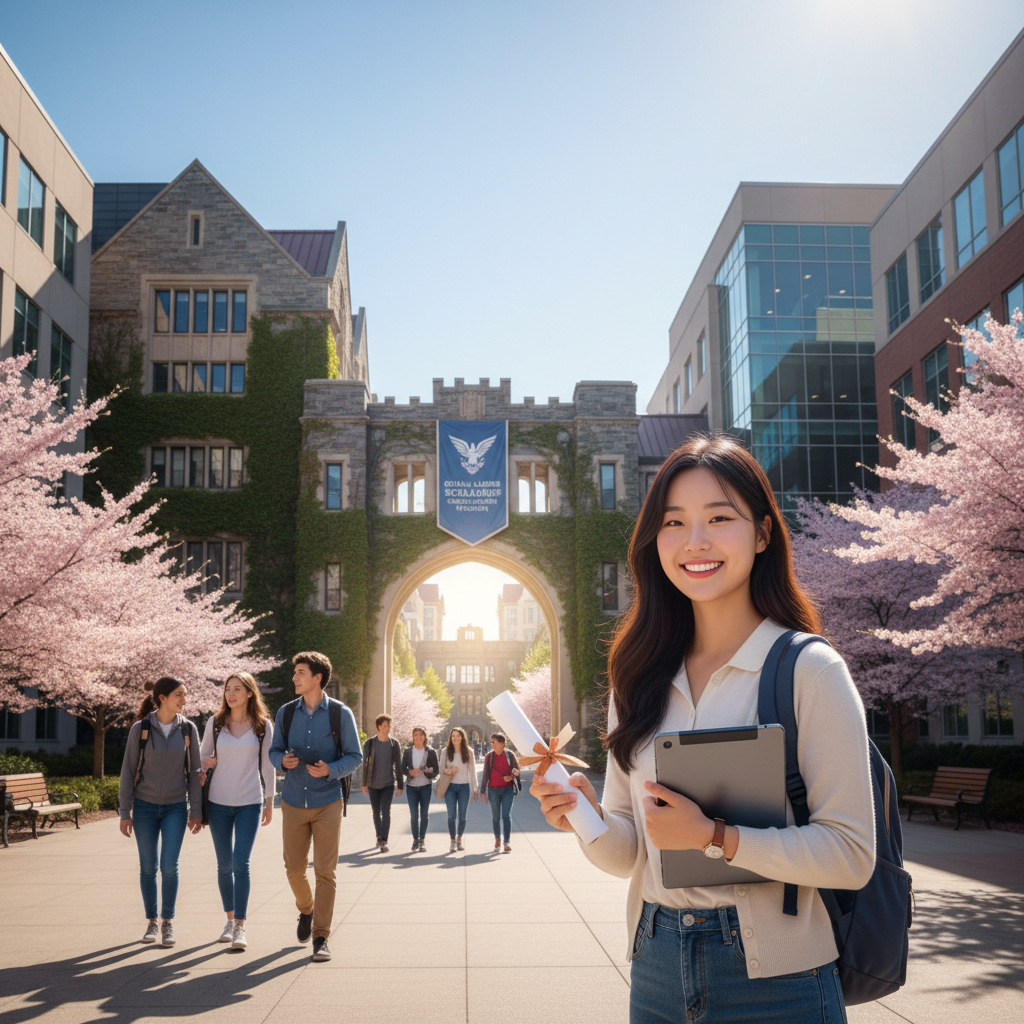 Photorealistic, high-quality image for a Korean education blog. Scene: american university scholarship. Style: professional, bright, modern. No text overlays. Landscape orientation, 16:9 ratio.