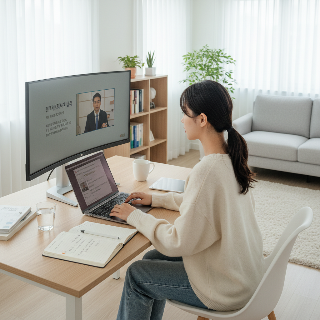 Photorealistic, high-quality image for a Korean education blog. Scene: online university student studying. Style: professional, bright, modern. No text overlays. Landscape orientation, 16:9 ratio.