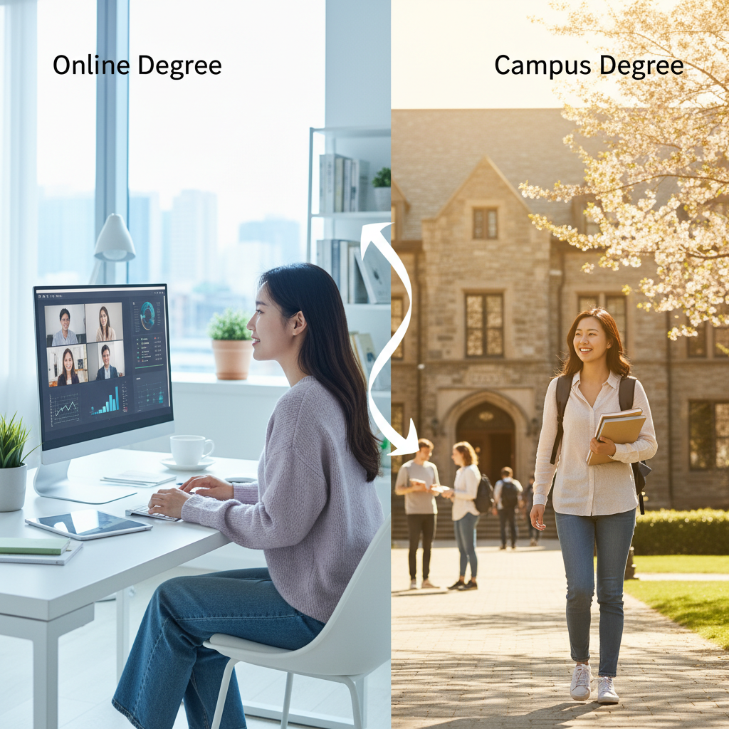 Photorealistic, high-quality image for a Korean education blog. Scene: online degree vs campus degree. Style: professional, bright, modern. No text overlays. Landscape orientation, 16:9 ratio.