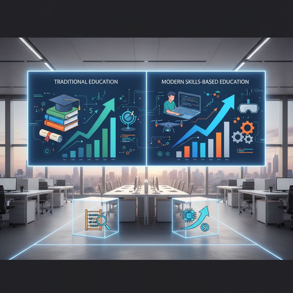 Photorealistic, high-quality image for a Korean education blog. Scene: ROI education comparison. Style: professional, bright, modern. No text overlays. Landscape orientation, 16:9 ratio.