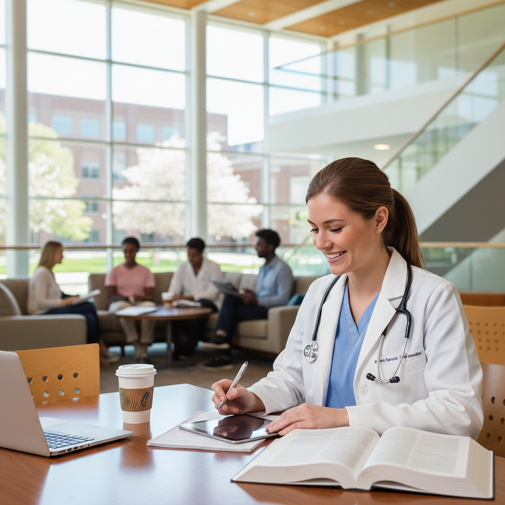Photorealistic, high-quality image for a Korean education blog. Scene: american university nursing student. Style: professional, bright, modern. No text overlays. Landscape orientation, 16:9 ratio.