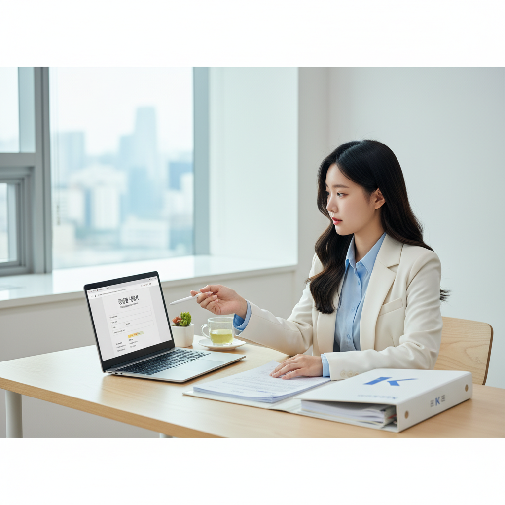 Photorealistic, high-quality image for a Korean education blog. Scene: student scholarship application. Style: professional, bright, modern. No text overlays. Landscape orientation, 16:9 ratio.